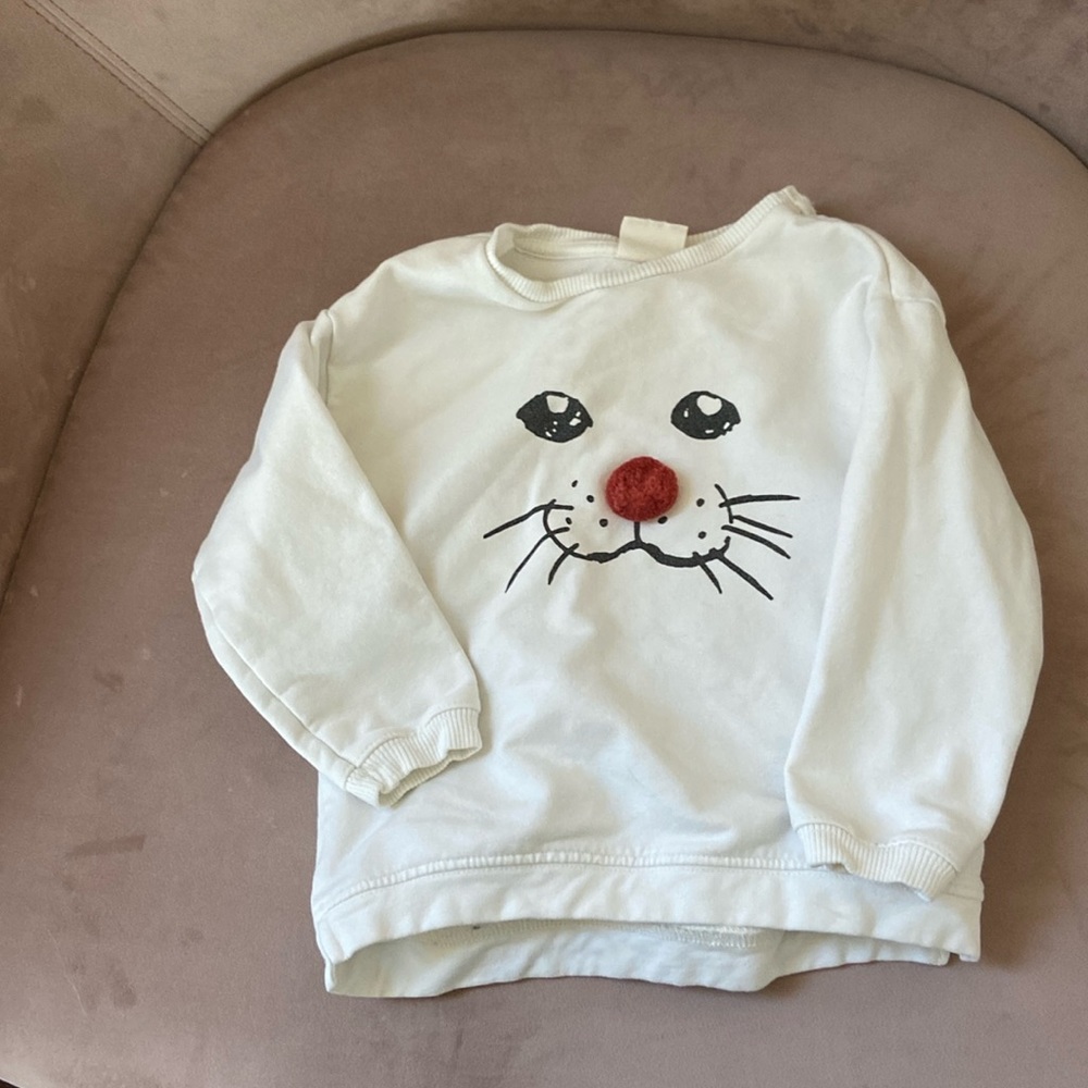 Zara White Kids Sweatshirt with Red Pom Nose and Black Face Print, Size 18-24M